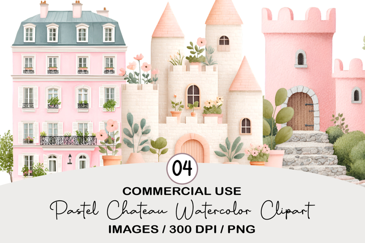 Pastel Chateau Watercolor Clipart