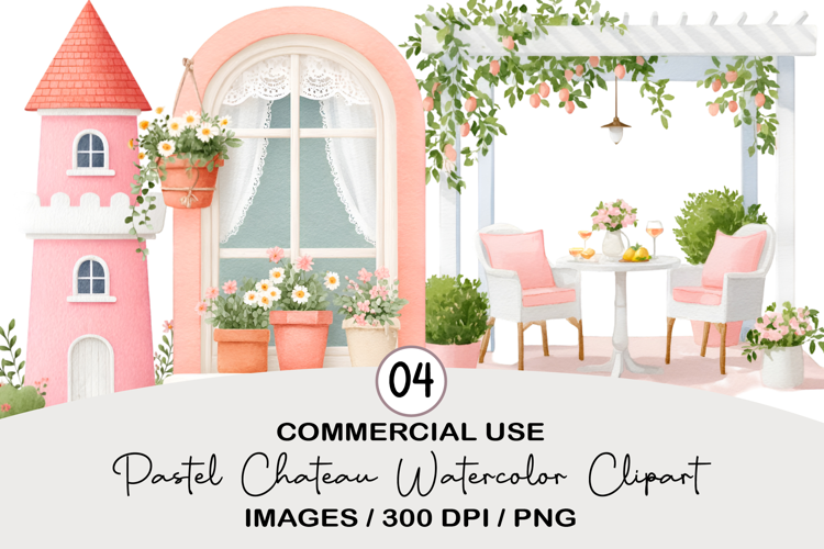 Pastel Chateau Watercolor Clipart