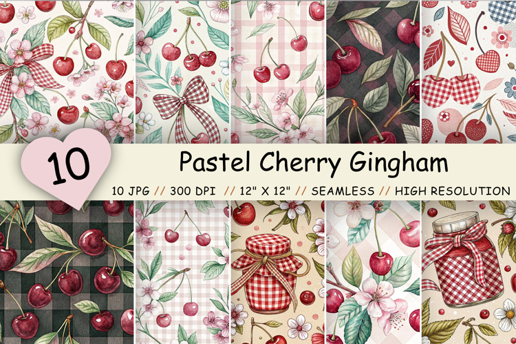 Pastel Cherry Gingham Digital Paper, Seamless Watercolor