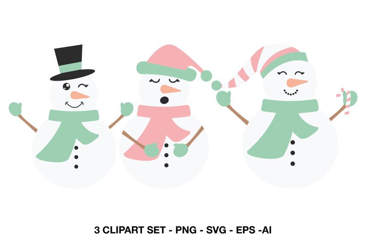 Pastel Christmas snowman clipart with three cheerful winter characters in soft festive colors