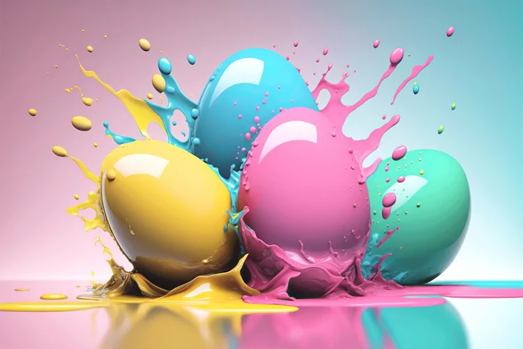 Easter eggs with colorful liquid splashes. Easter card
