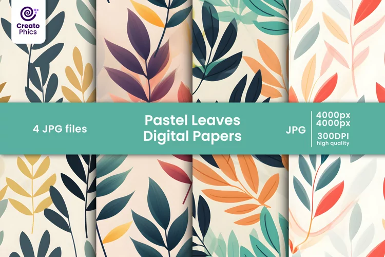 pastel colorful leaves digital papers and leaf patterns
