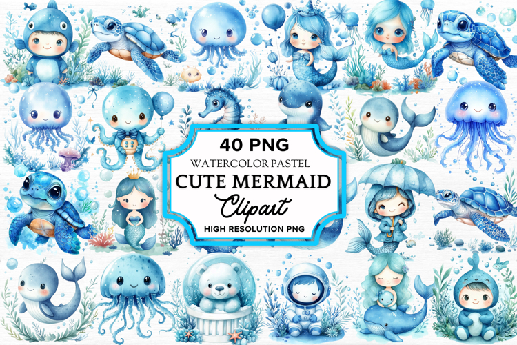 Pastel Cute Mermaid Watercolor Clipart Bundle PNG