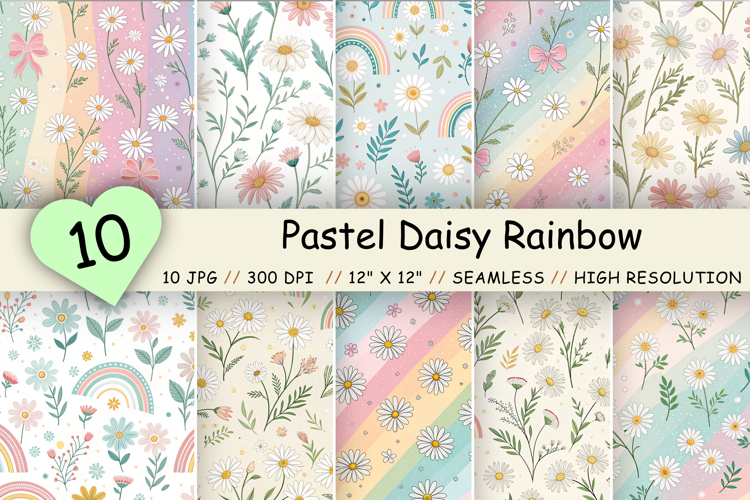 Pastel Daisy Rainbow Seamless Pattern Bundle, Cute Floral