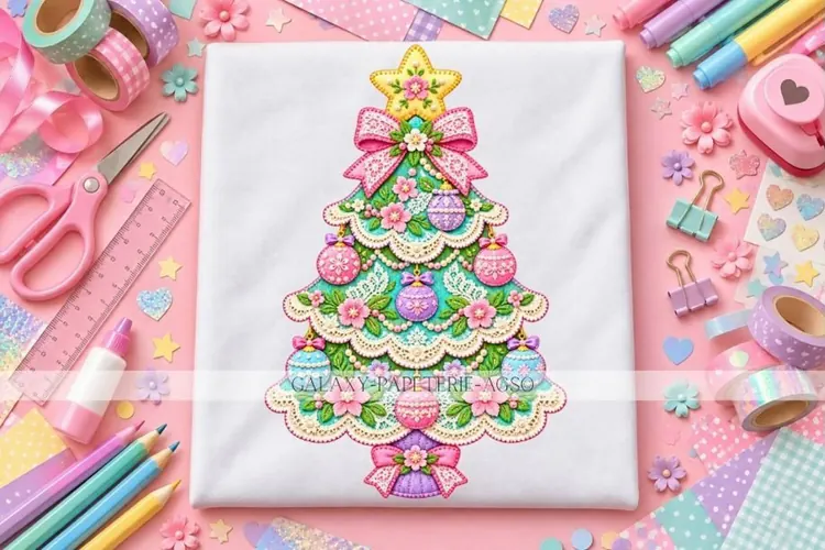 Pastel Floral Christmas Tree PNG with Faux Lace Effect