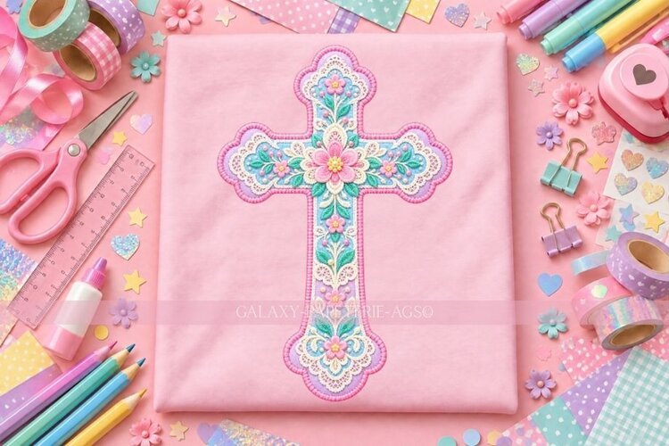 Pastel Floral Cross PNG with Faux Lace Effect example image 1