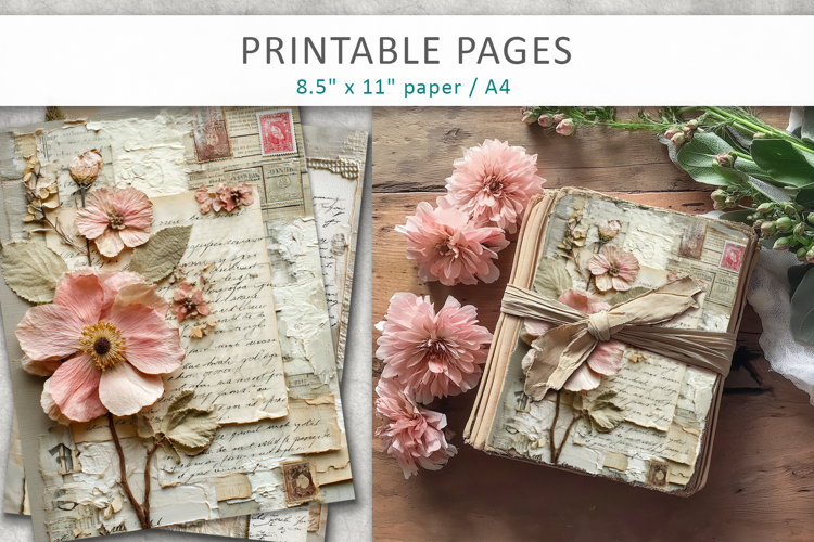 Vintage Floral Junk Journal Pages, shabby chic papers