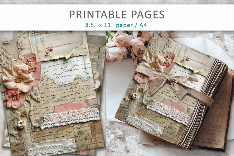 Floral Junk Journal Page, handwritten script paper