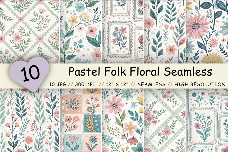 Pastel Folk Floral Seamless Pattern, Cottagecore Pattern