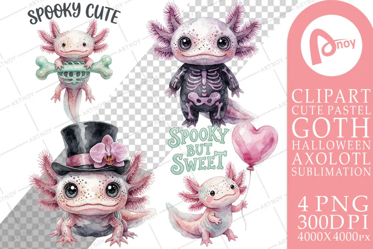 Pastel Goth Skeleton Axolotl Sublimation