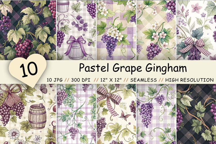 Pastel Grape Gingham Digital Paper, Seamless Watercolor