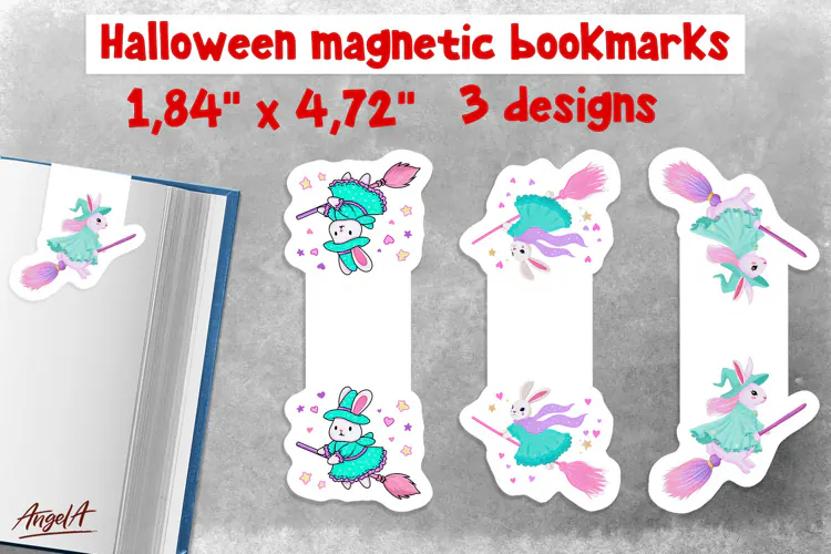 Pastel halloween magnetic bookmarks for kids Cute rabbit PNG