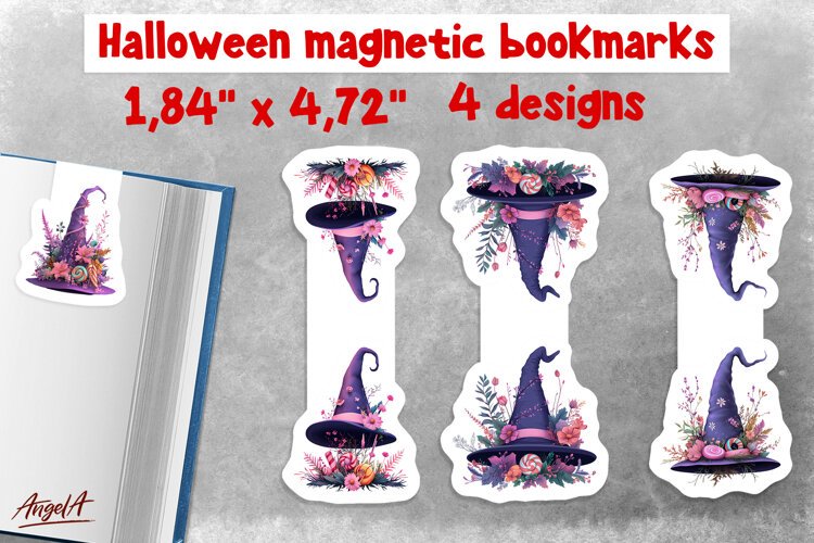 Pastel halloween magnetic bookmarks for kids Witch hat PNG example image 1