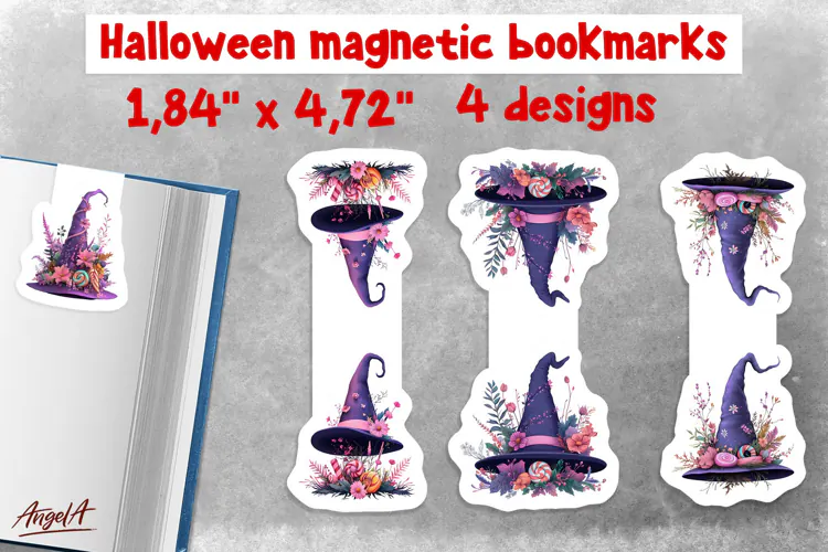 Pastel halloween magnetic bookmarks for kids Witch hat PNG