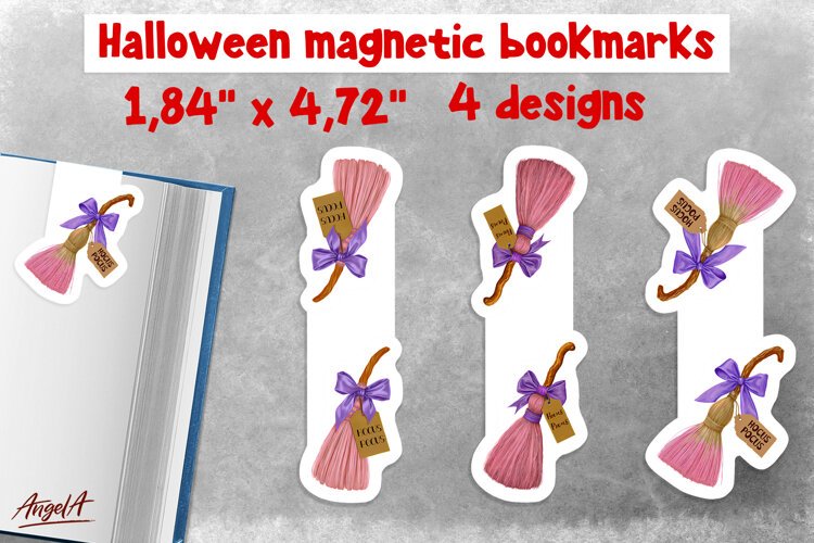 Pastel halloween kids magnetic bookmarks Witch broomstick example image 1
