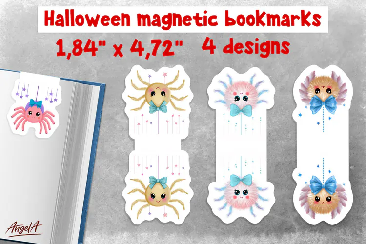 Pastel halloween magnetic bookmarks Cute spider with bow PNG
