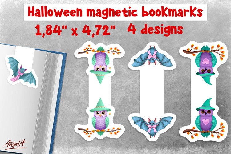 Pastel halloween magnetic bookmarks Cute Owl Flying bat PNG example image 1