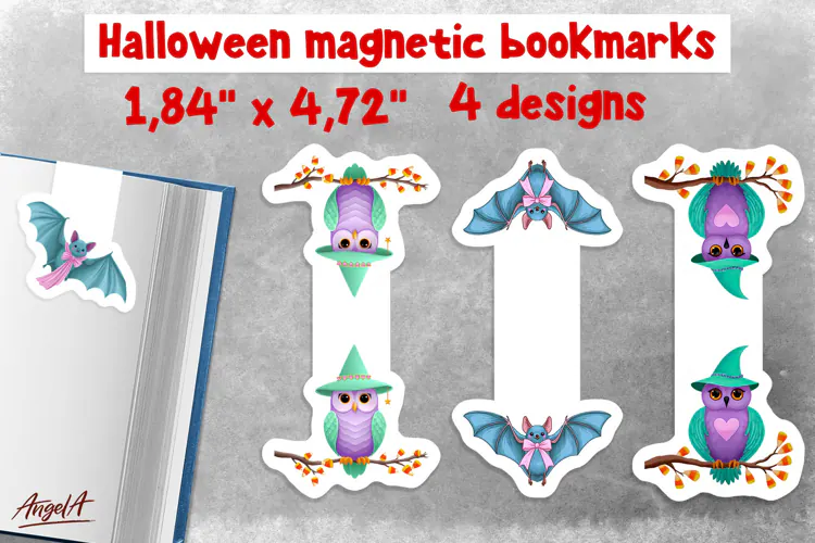 Pastel halloween magnetic bookmarks Cute Owl Flying bat PNG