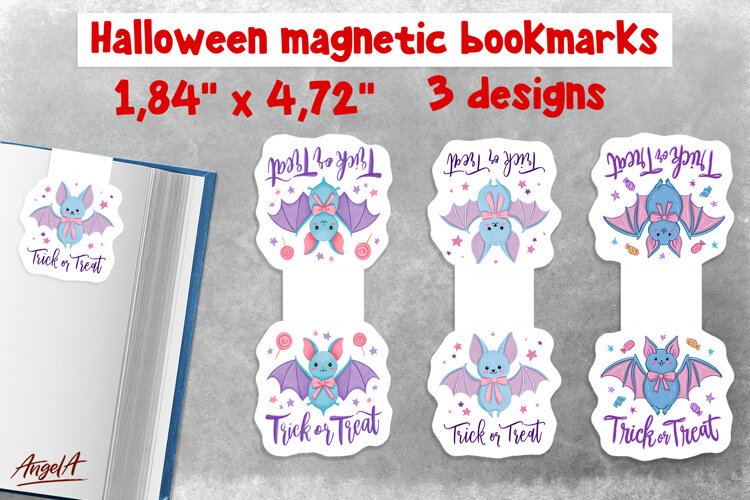 Pastel halloween magnetic bookmarks Cute bat Trick or treat example image 1
