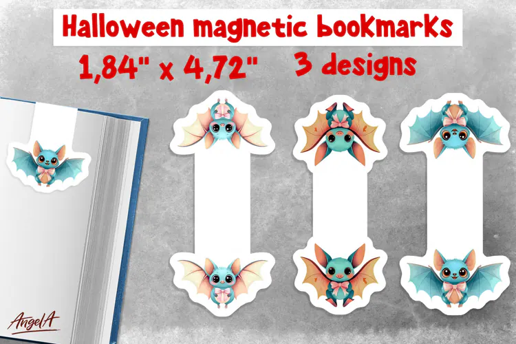 Pastel halloween magnetic bookmarks for kids Cute bat PNG
