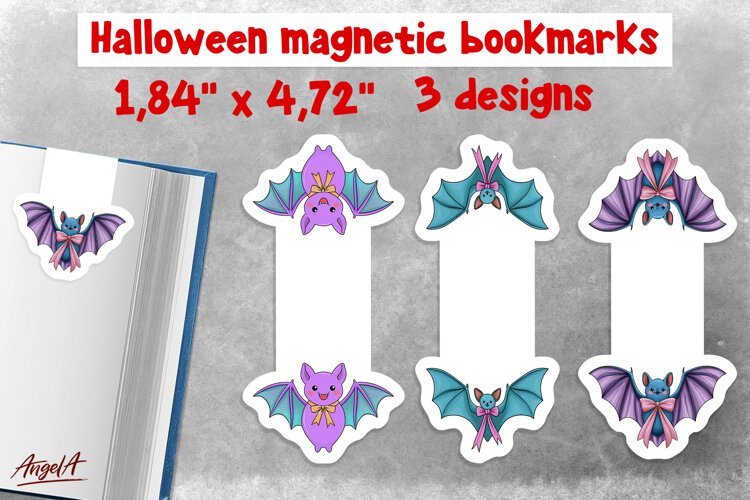 Pastel halloween magnetic bookmarks for kids Cute bat PNG example image 1