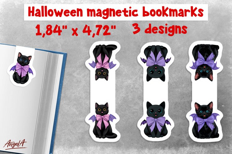 Pastel halloween magnetic bookmarks for kids Cute black cat example image 1