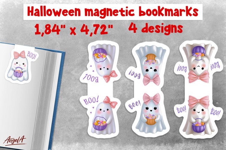 Pastel halloween magnetic bookmarks for kids Cute ghost Boo! example image 1