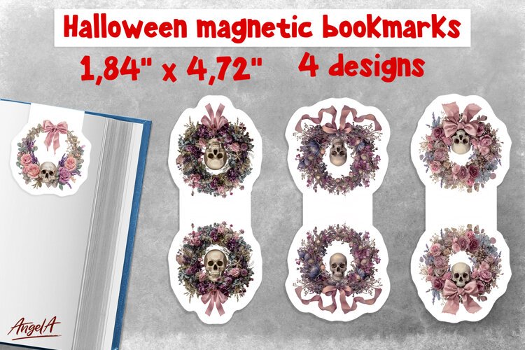 Pastel halloween magnetic bookmarks Wreath Gothic Skull PNG example image 1