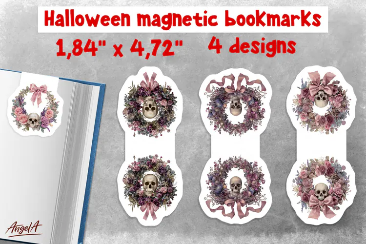 Pastel halloween magnetic bookmarks Wreath Gothic Skull PNG