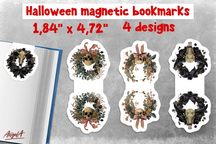 Halloween magnetic bookmarks Floral Wreath Gothic Cow Skull example image 1