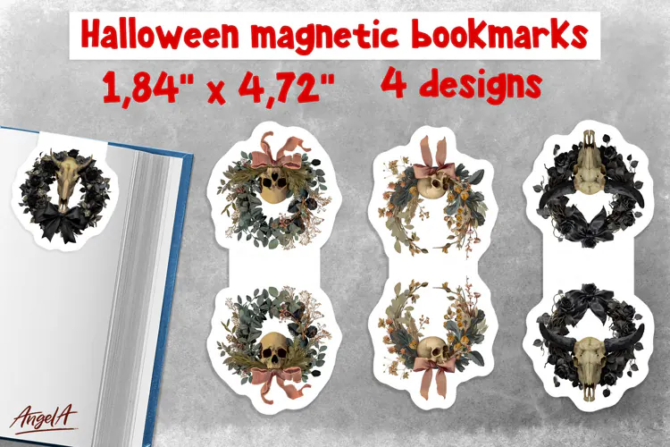 Halloween magnetic bookmarks Floral Wreath Gothic Cow Skull