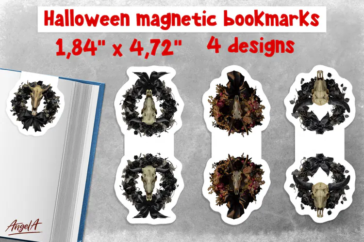 Halloween magnetic bookmarks Gothic Floral Wreath Cow Skull