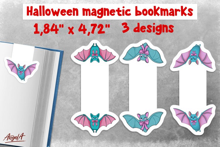 Pastel halloween magnetic bookmarks for kids Flying bat PNG example image 1