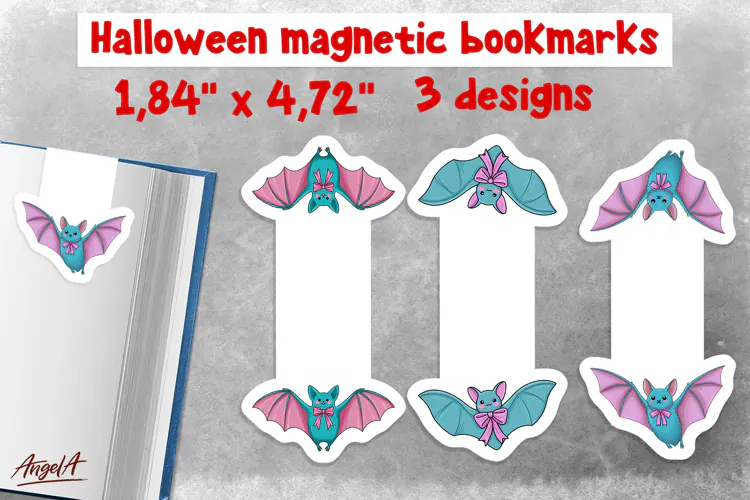 Pastel halloween magnetic bookmarks for kids Flying bat PNG