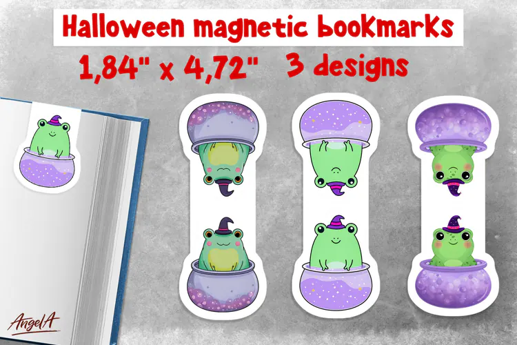 Pastel halloween magnetic bookmarks for kids Cute frog PNG