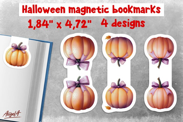 Pastel halloween magnetic bookmarks for kids pumpkin bow example image 1