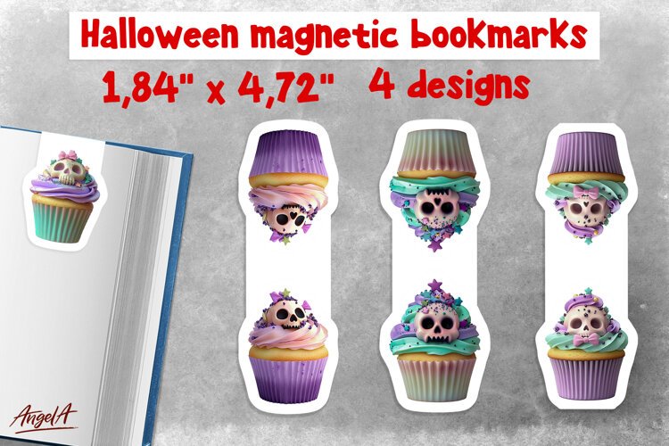 Pastel halloween magnetic bookmarks for kids Cupcake skull example image 1