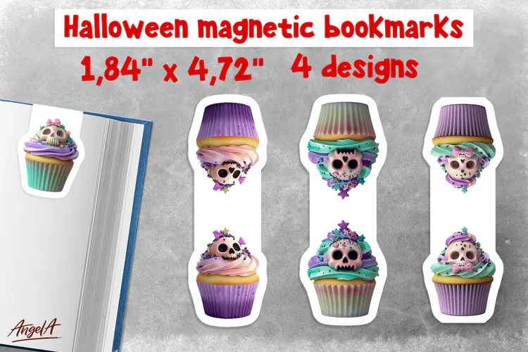 Pastel halloween magnetic bookmarks for kids Cupcake skull