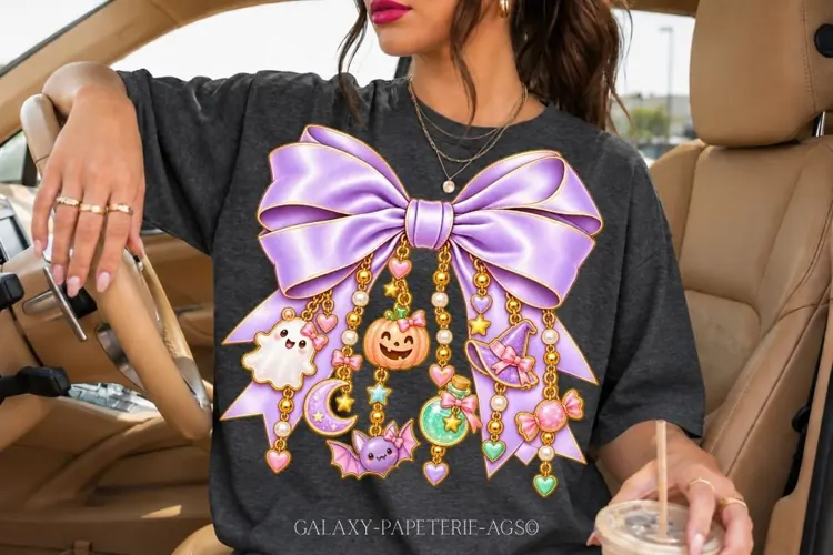 Pastel Halloween Bow PNG with Cute Ghost and Charms