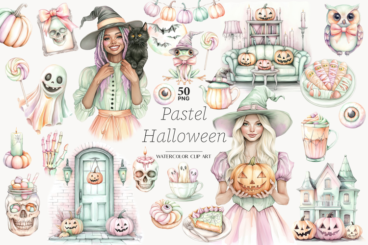 Pastel Halloween Clip Art PNG | Cute Witch Spooky Clipart