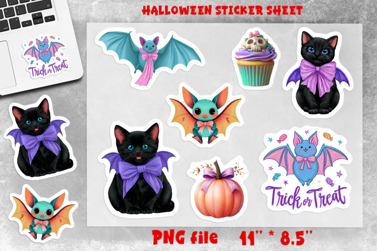 Pastel Halloween stickers sheet Black cat, bat, pumpkin PNG