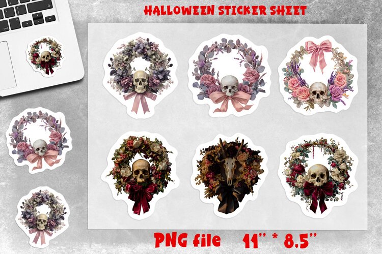Gothic floral wreath stickers sheet Skull, flowers, ribbon example image 1
