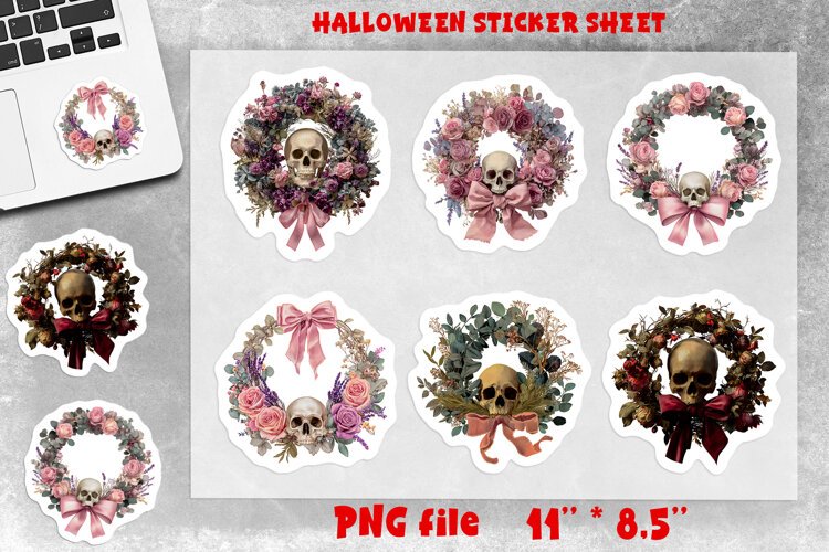 Gothic floral wreath stickers sheet Skull flowers, ribbon example image 1