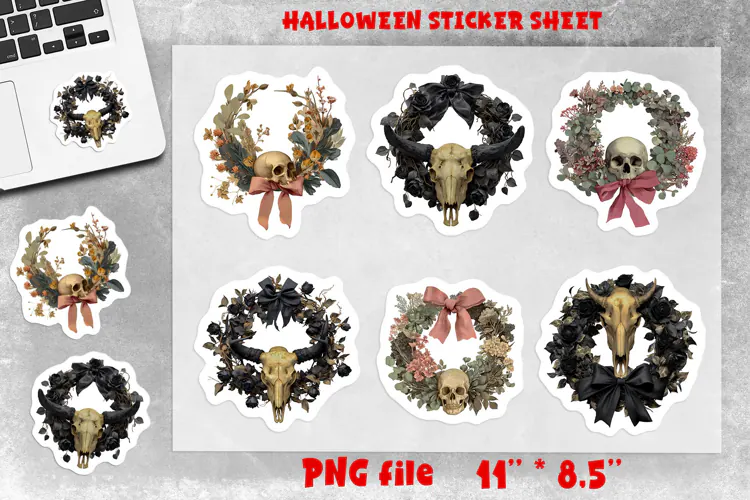 Gothic wreath stickers sheet Cow Skull flowers, ribbon