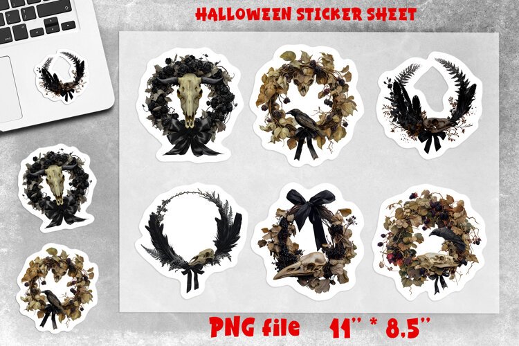 Dark Gothic floral wreath stickers sheet Cow Skull flowers example image 1