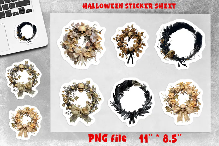 Dark Gothic floral wreath stickers sheet Cow Skull Feather