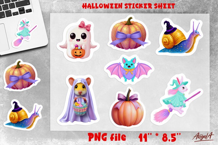 Pastel Halloween stickers sheet Bat, pumpkin, frog, rabbit example image 1