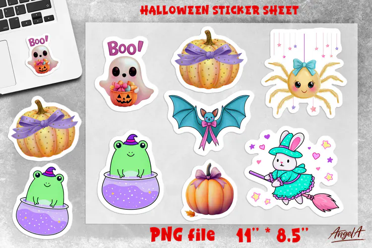 Pastel Halloween stickers sheet Bat, pumpkin, spider, ghost