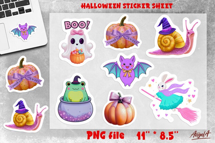 Pastel Halloween stickers sheet Bat, pumpkin, frog, rabbit example image 1