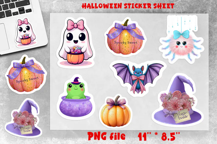 Pastel Halloween stickers sheet Bat, witch hat, spider png
